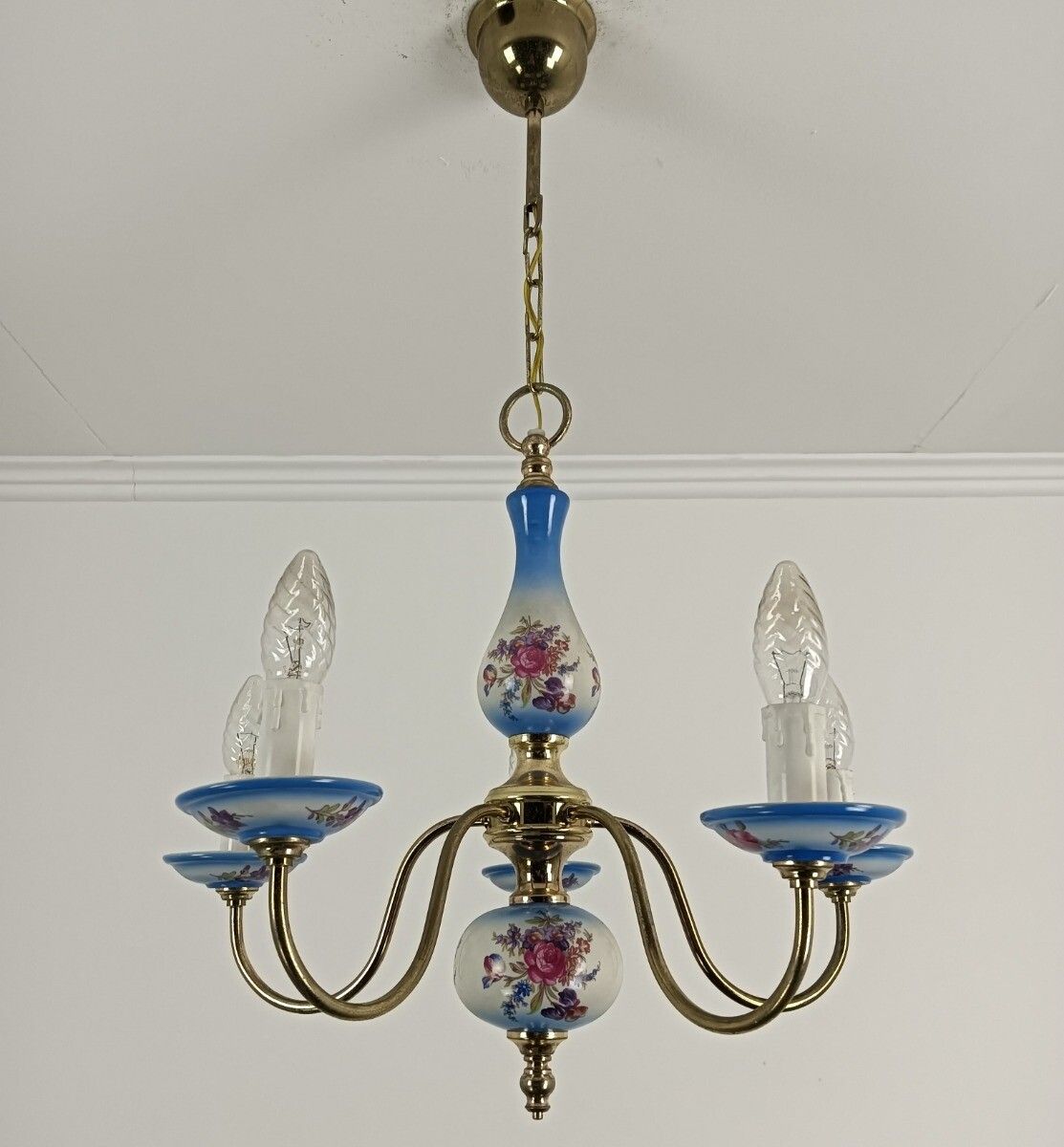 Italian Small Chandelier Porcelain Polychrome 5 Lights Arms Lovely Romantic Vint photo vinterior