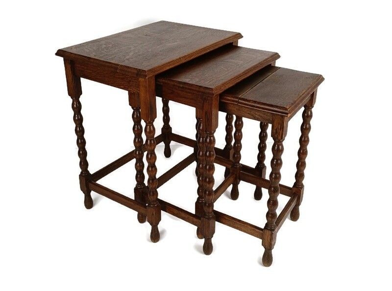 Set Of 3 Hobnail Legs Wooden Nesting Stacking Side Tables Barn Country Farmhouse