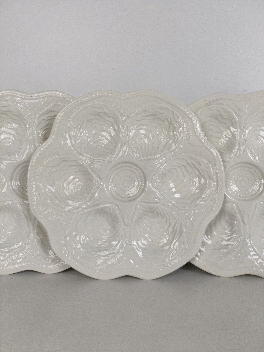 Set Of 8 Oyster Seafood Plates Porcelain Faience Hand Painted White Very Stylish photo buy