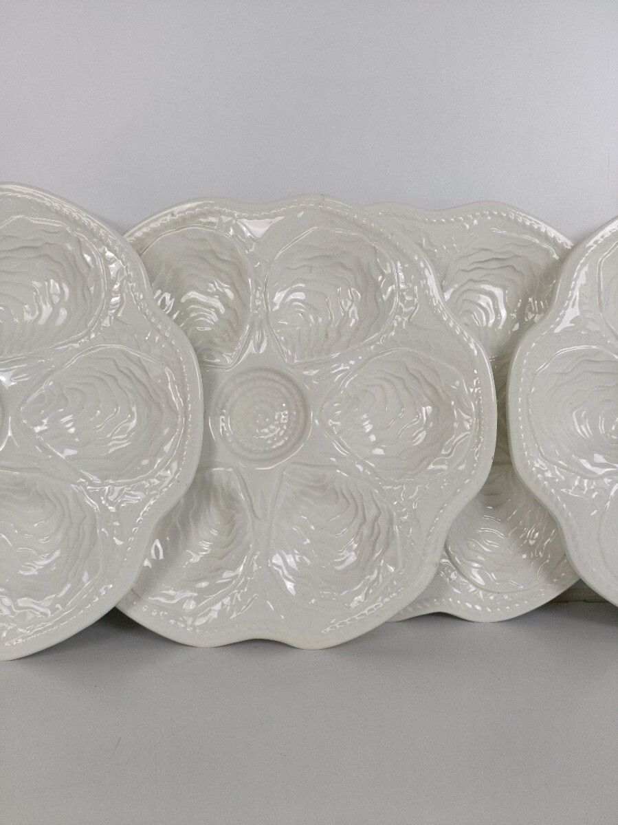 Set Of 8 Oyster Seafood Plates Porcelain Faience Hand Painted White Very Stylish photo vintage