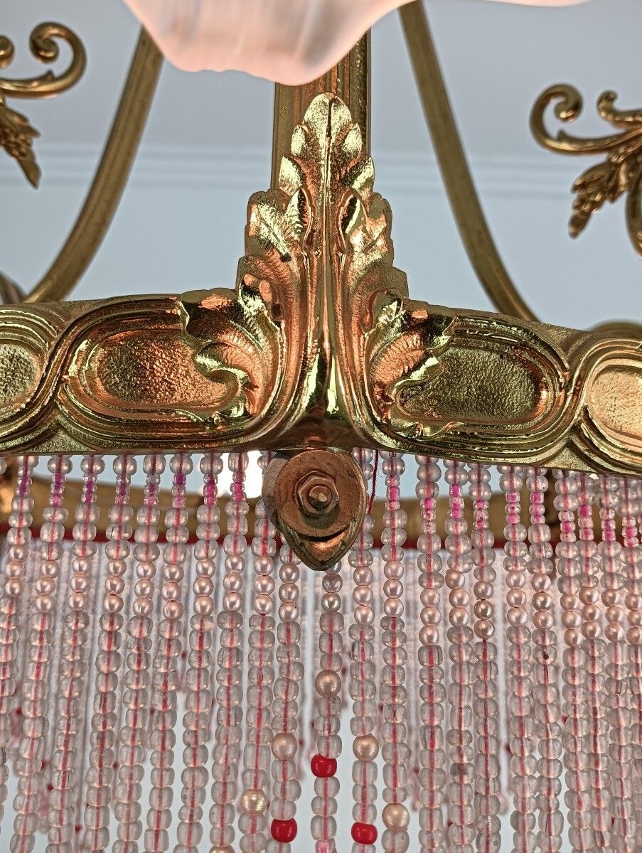 photo furniture Bohemian Chic Bronze Dore Brass Chandelier Spaghetti Prisms Flower Shades 6 Ligh