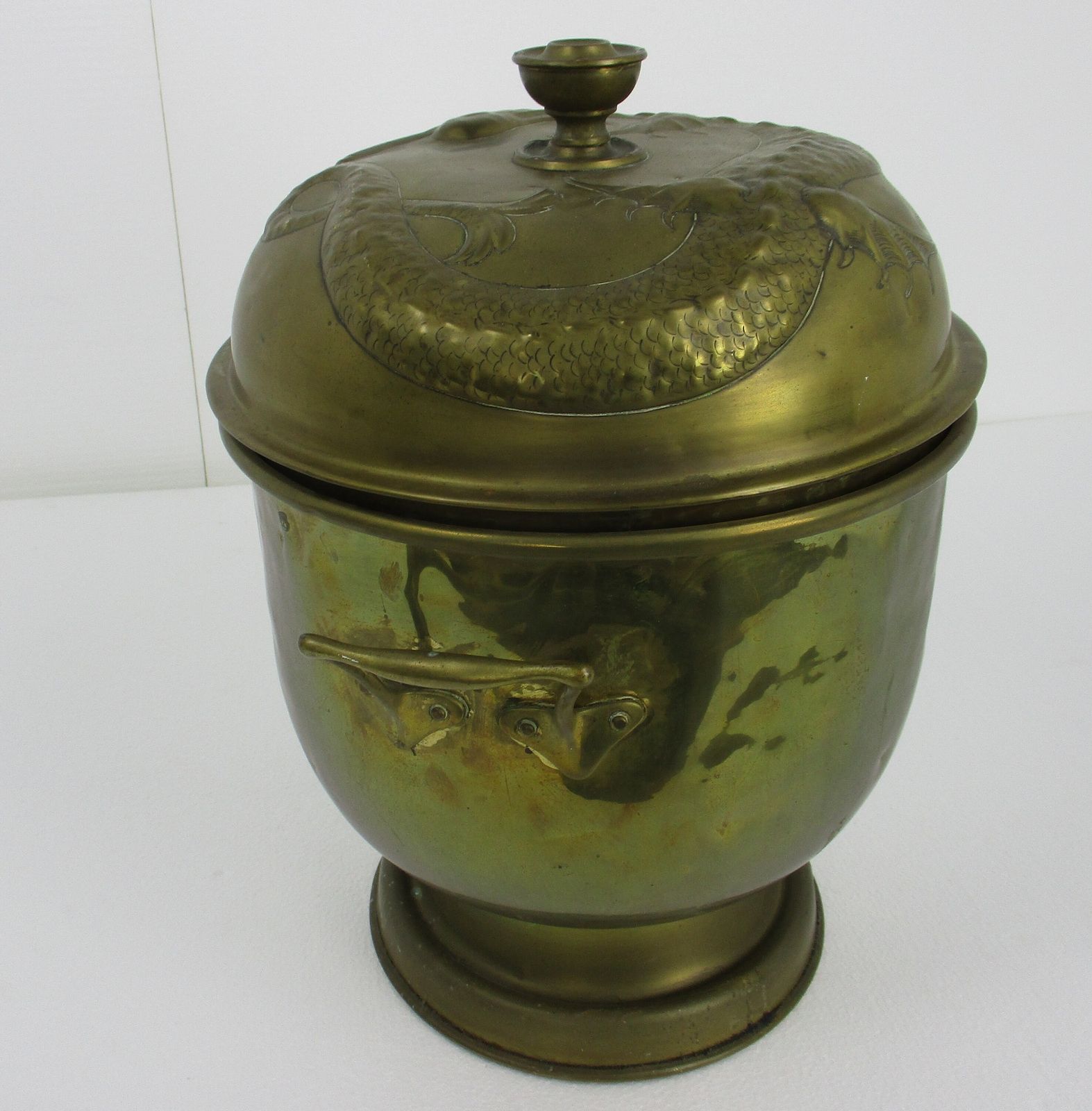 Vintage Gothic  Brass Coal Tinder Kindling Scuttle  Brass Kettle With Lid Dragon photo for sale