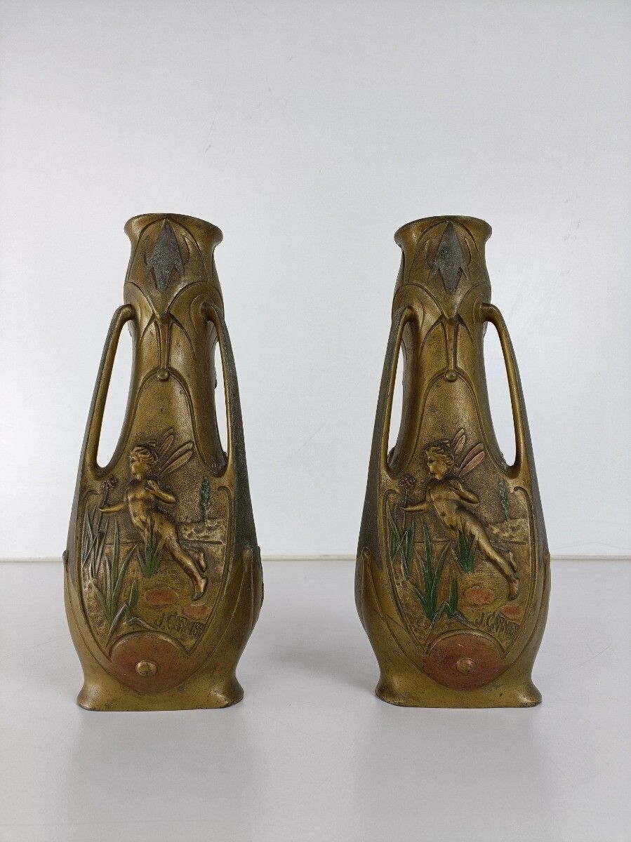 Art Nouveau Fairy Vase Pair By Jean Garnier, French Antique Jugendstil Signed photo furniture