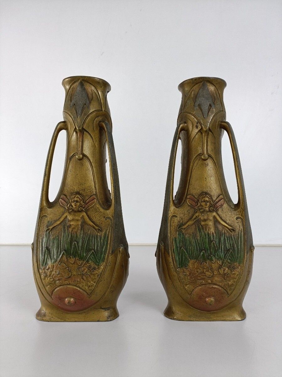 Art Nouveau Fairy Vase Pair By Jean Garnier, French Antique Jugendstil Signed photo Home Decor