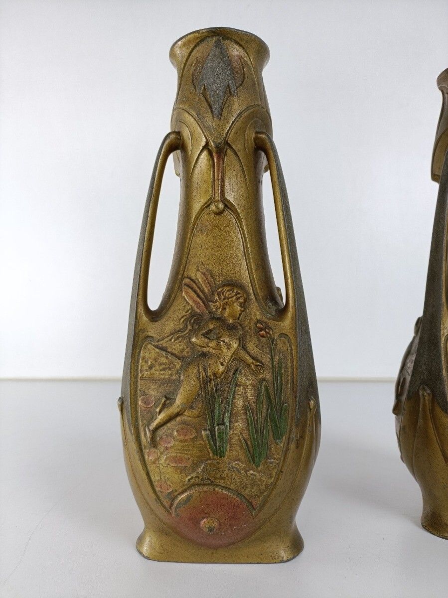 Art Nouveau Fairy Vase Pair By Jean Garnier, French Antique Jugendstil Signed photo buy