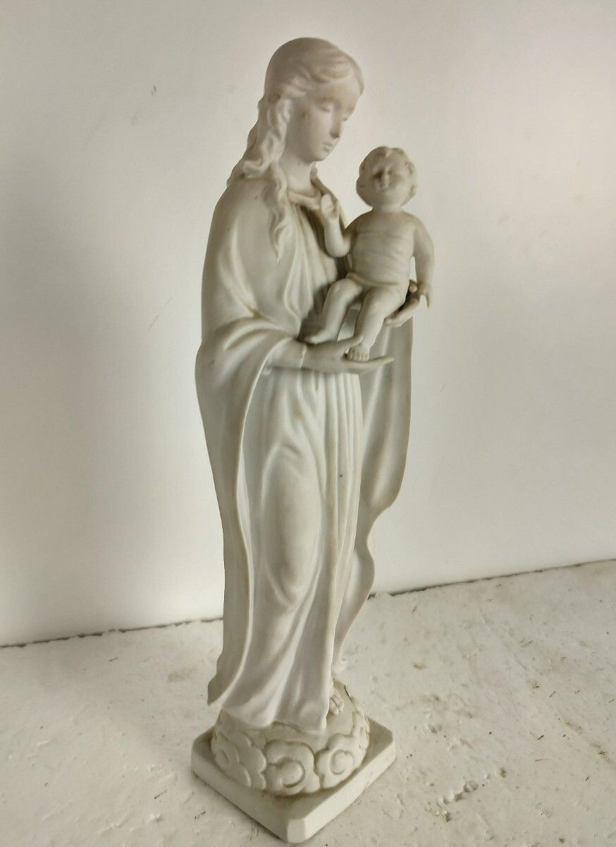 Antique 1900 Bisque Statue Virgin Mary Our Lady Madonna Infant Jesus France Gorg photo for sale