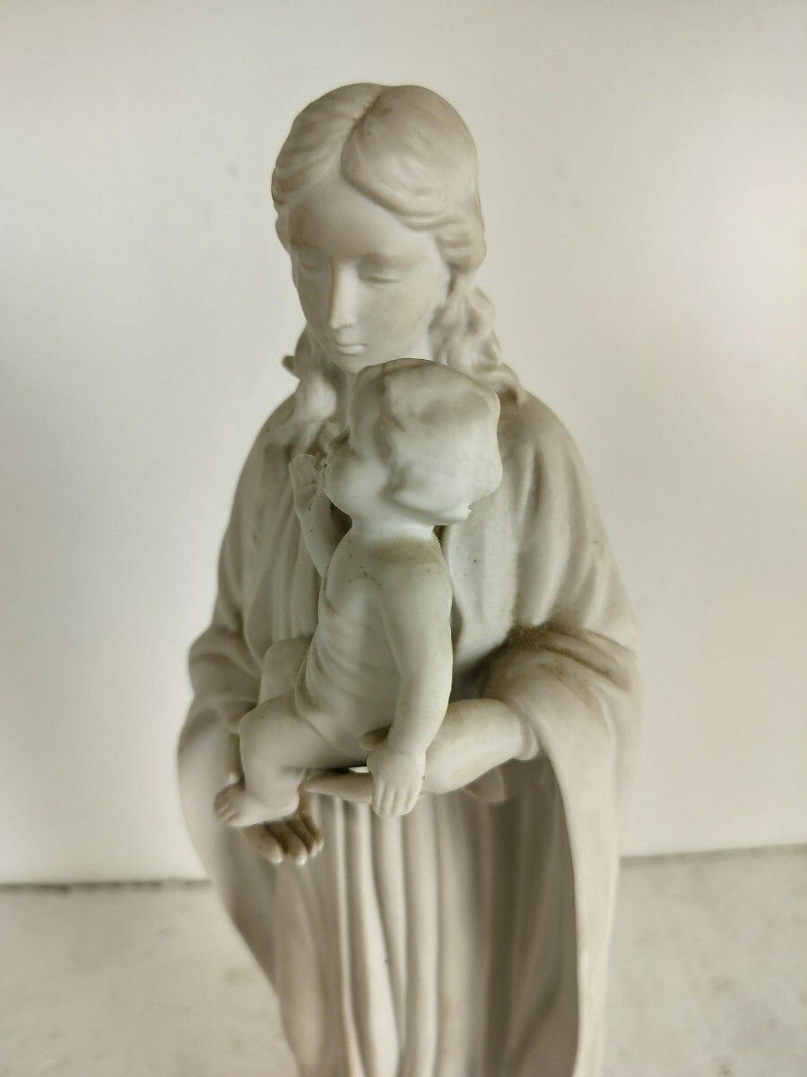 Antique 1900 Bisque Statue Virgin Mary Our Lady Madonna Infant Jesus France Gorg photo Art