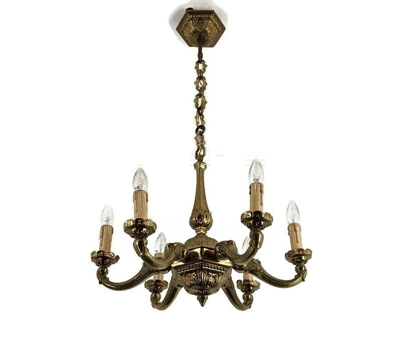 Art Nouveau Antique Chandelier Hammer Copper 6 Lights Beautiful Fixture