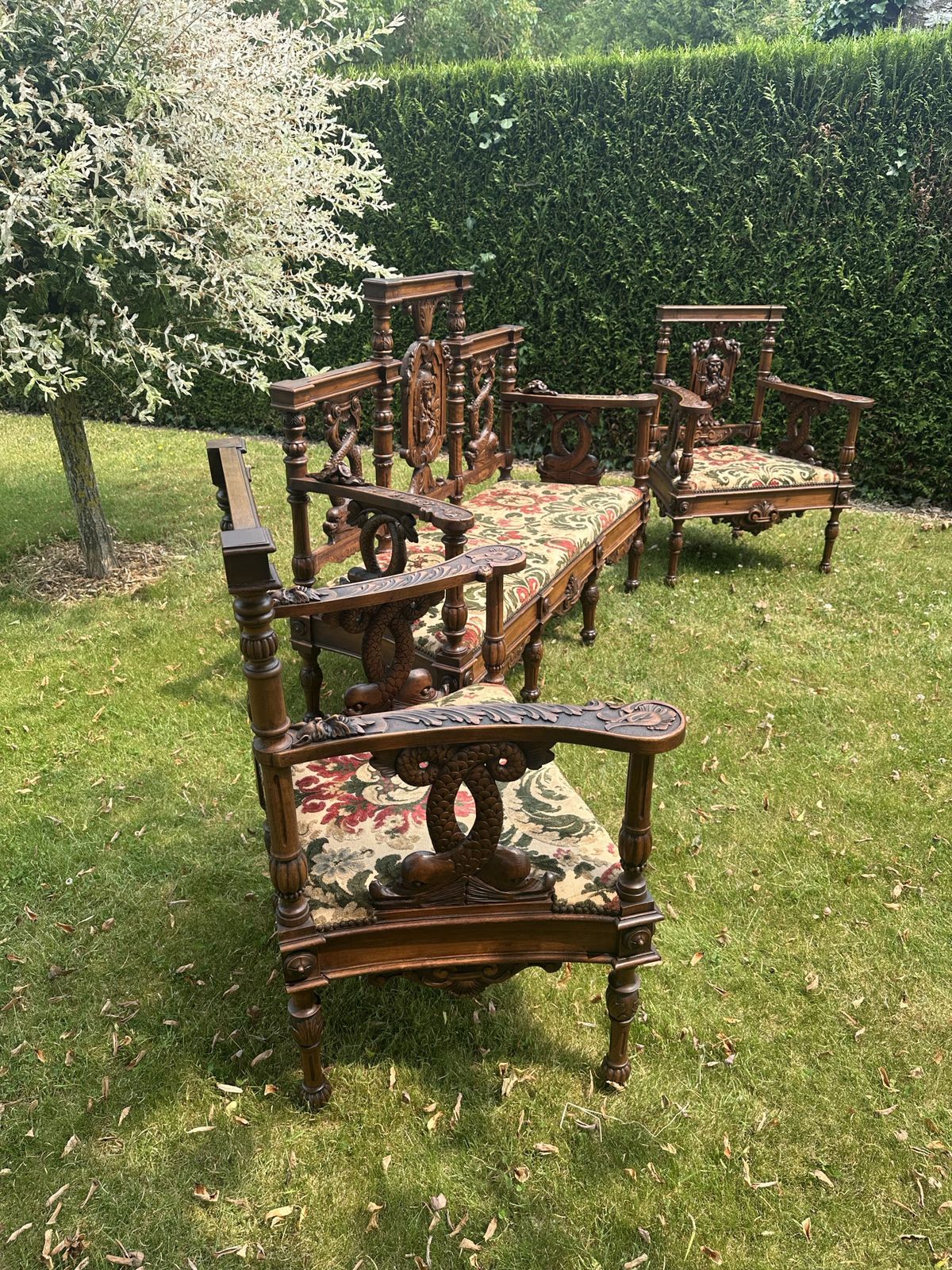 Superb Antique French Sofa & Chairs Set Neo Renaissance Figural / Fabric /Carved photo buy