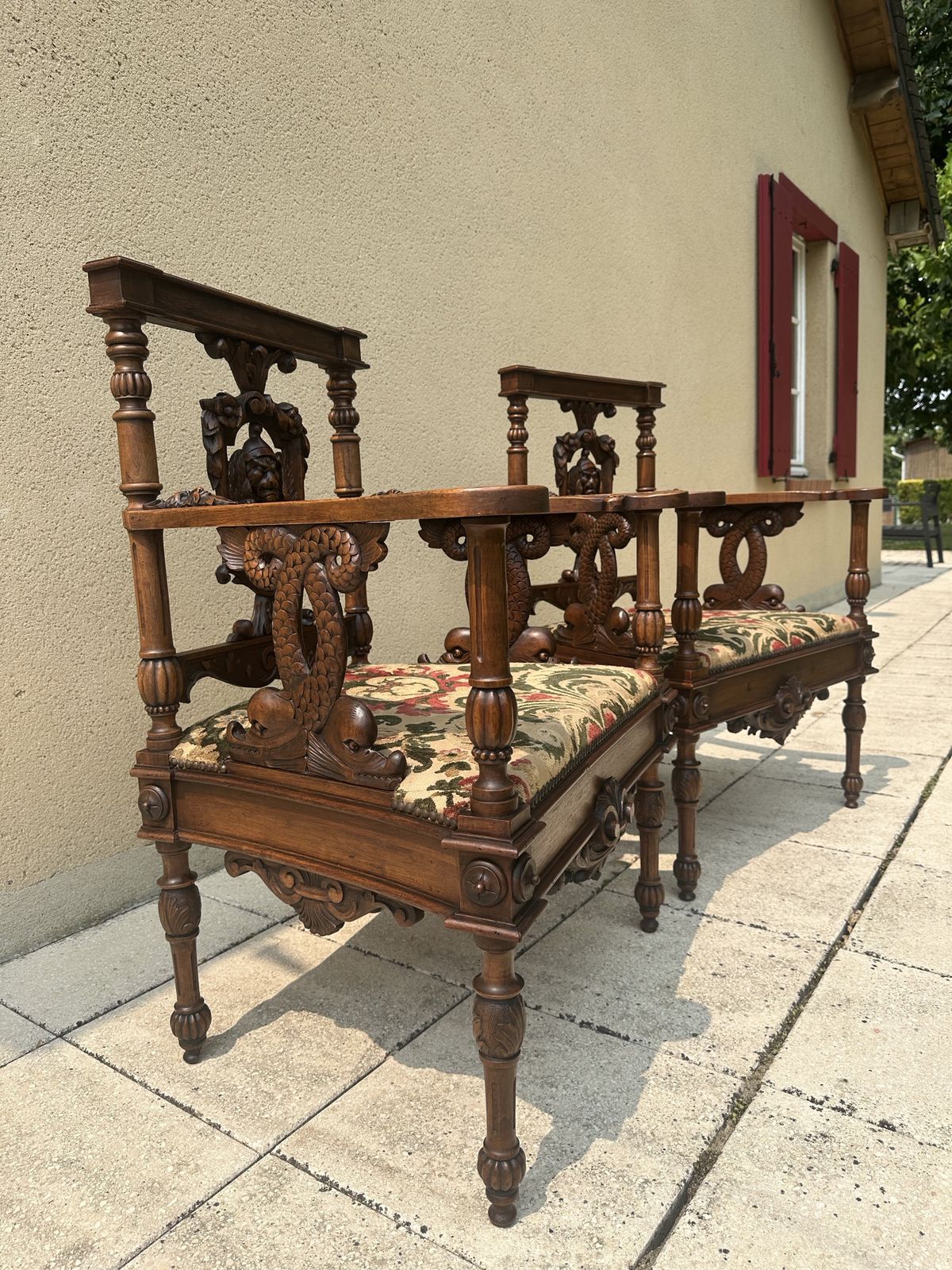 Furniture Superb Antique French Sofa & Chairs Set Neo Renaissance Figural / Fabric /Carved photo