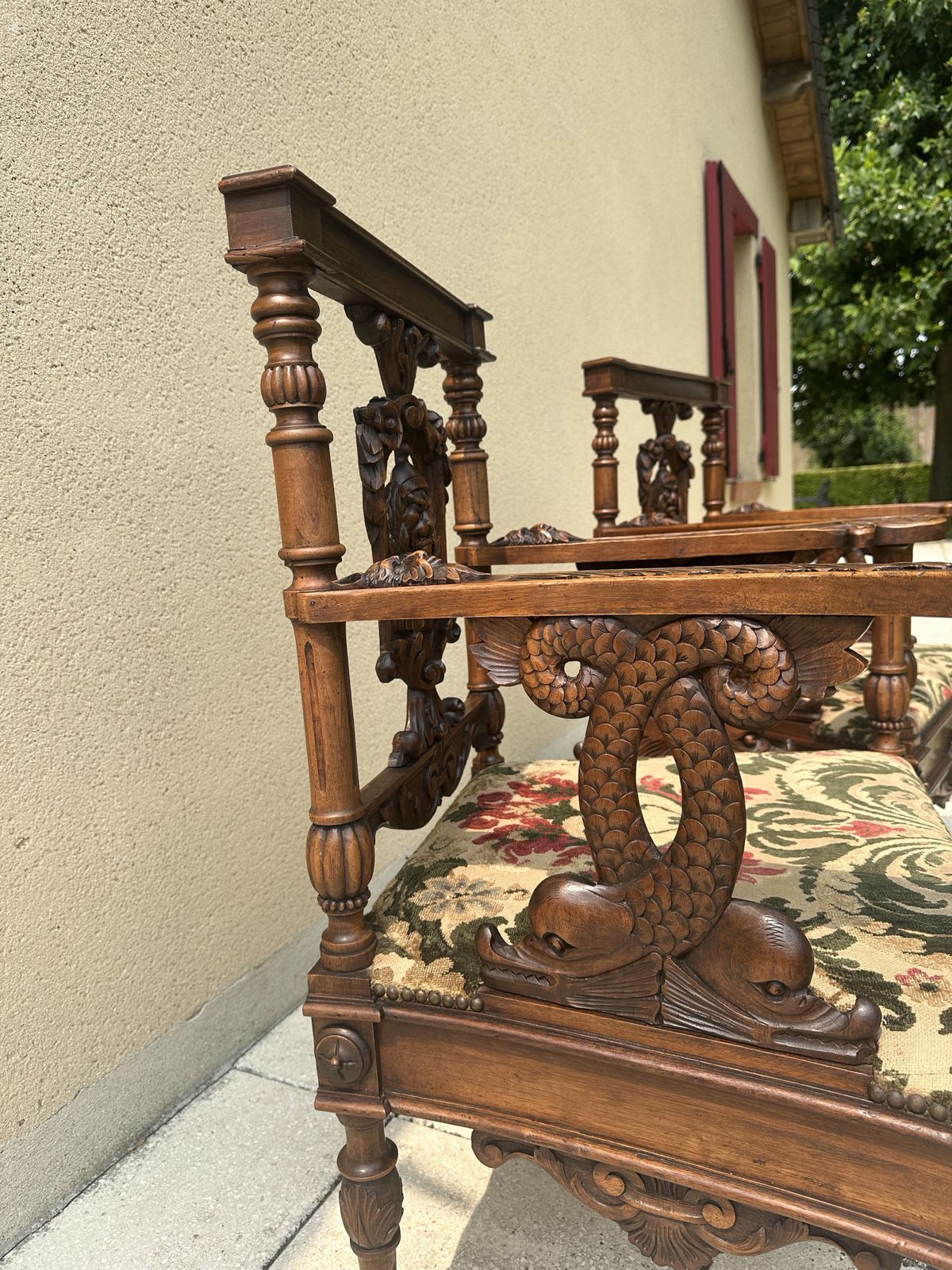 965.0 Superb Antique French Sofa & Chairs Set Neo Renaissance Figural / Fabric /Carved photo