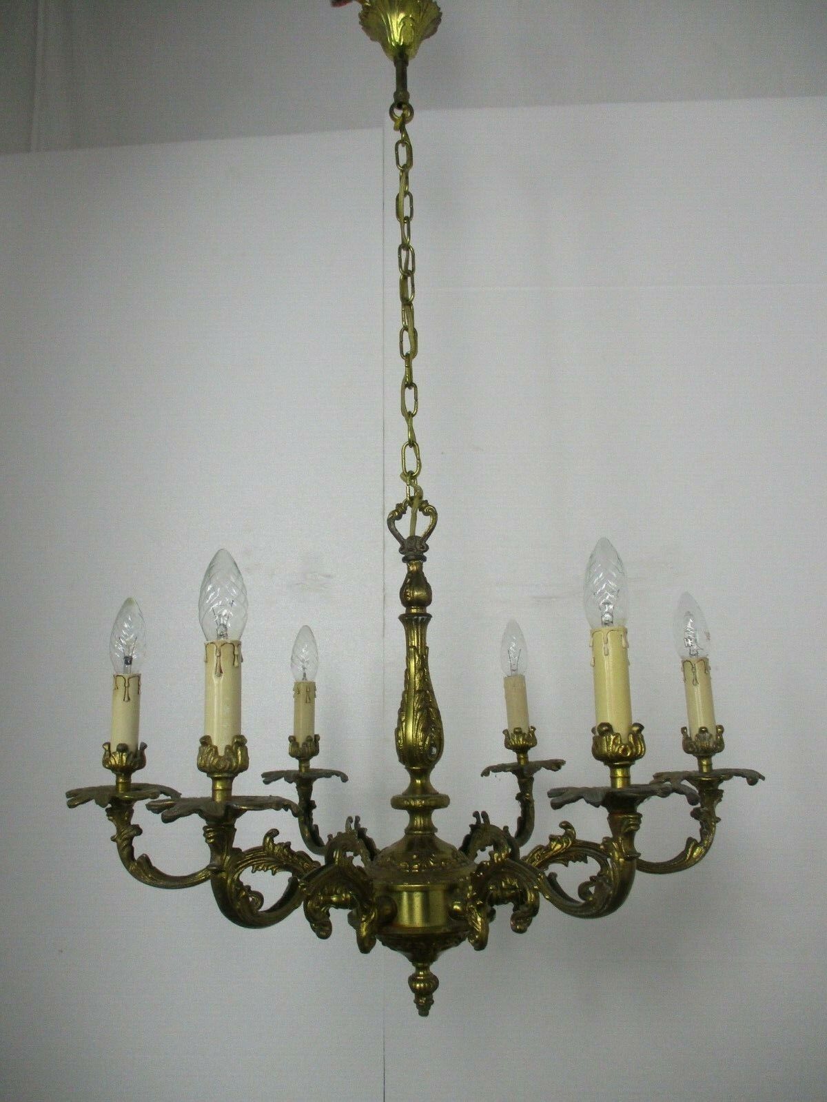 Impressive Chandelier 6 Arm Lights Brass Ornate Mid Century 50s Beatiful Working photo Lighting