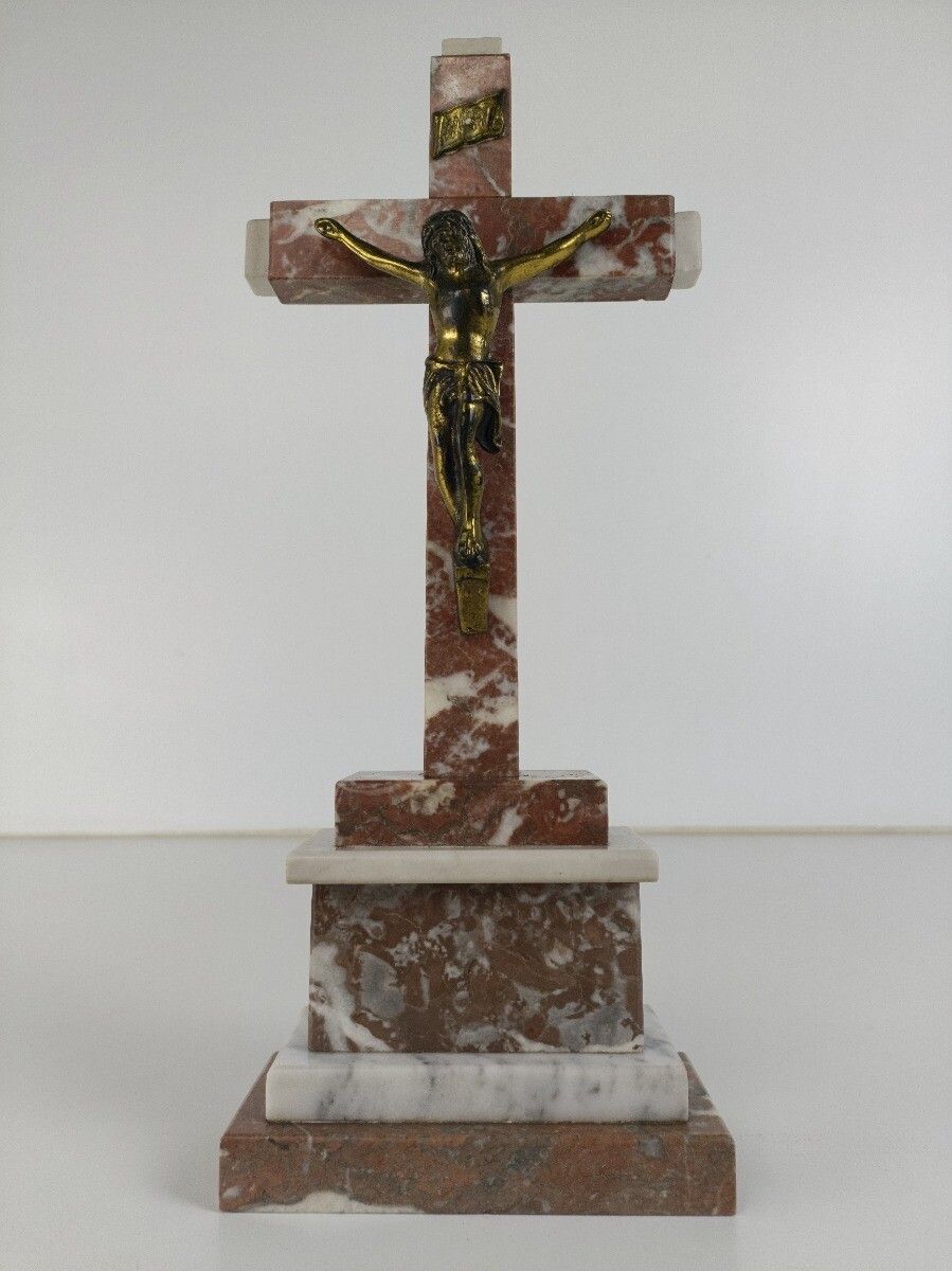 Antique Art Deco Ornate Marble Onyx Jesus Christ Cross Cross Table Standing Cruc photo furniture