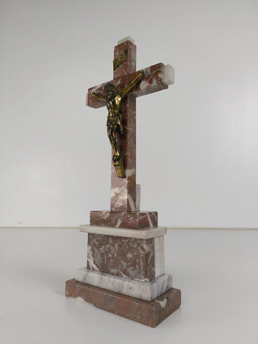 Antique Art Deco Ornate Marble Onyx Jesus Christ Cross Cross Table Standing Cruc photo Art