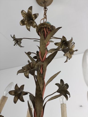 Antique Chandelier Pendant Ornate Brass Leafs Fixture Hollywood Regency Style photo furniture