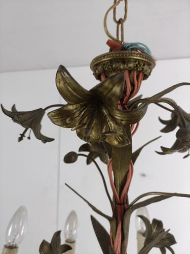 photo for sale Antique Chandelier Pendant Ornate Brass Leafs Fixture Hollywood Regency Style