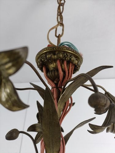 Lighting Antique Chandelier Pendant Ornate Brass Leafs Fixture Hollywood Regency Style photo