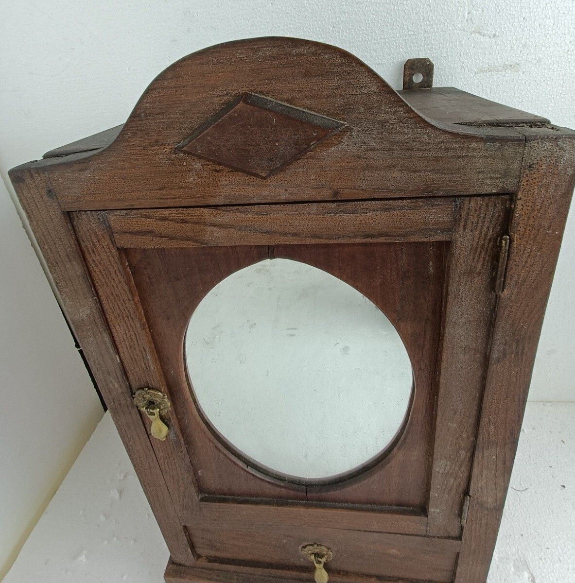 Antique Medicine Cabinet Apothecary Antique Oval Mirror Carved Wood Lovely Barn photo for sale