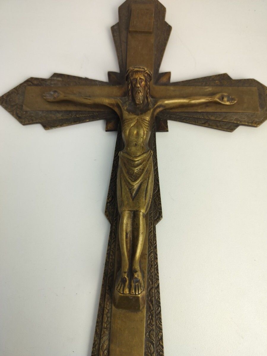 Vintage Ornate Brass  Wall Hanging Crucifix French Large Ayez Pitie De Nous photo for sale