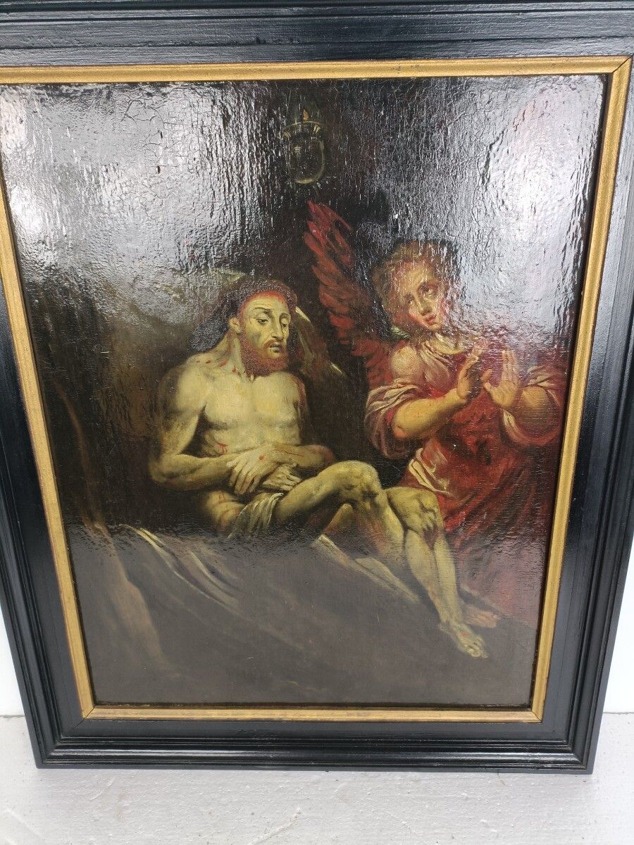 Stunning Painting Oil On Wooden Panel Jesus In Tomb With Angel 18th Century photo furniture