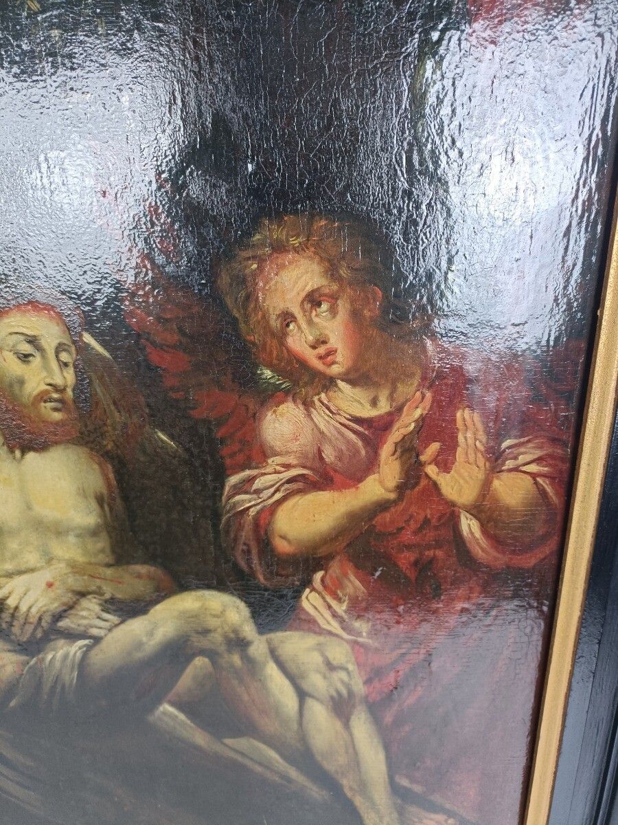 Stunning Painting Oil On Wooden Panel Jesus In Tomb With Angel 18th Century photo for sale