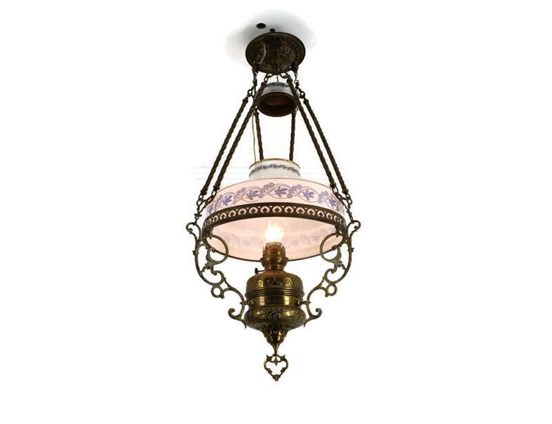 Lampe Belge Antique Chandelier Opaline Glass Shade Ornate Brass  1 Light Art Dec