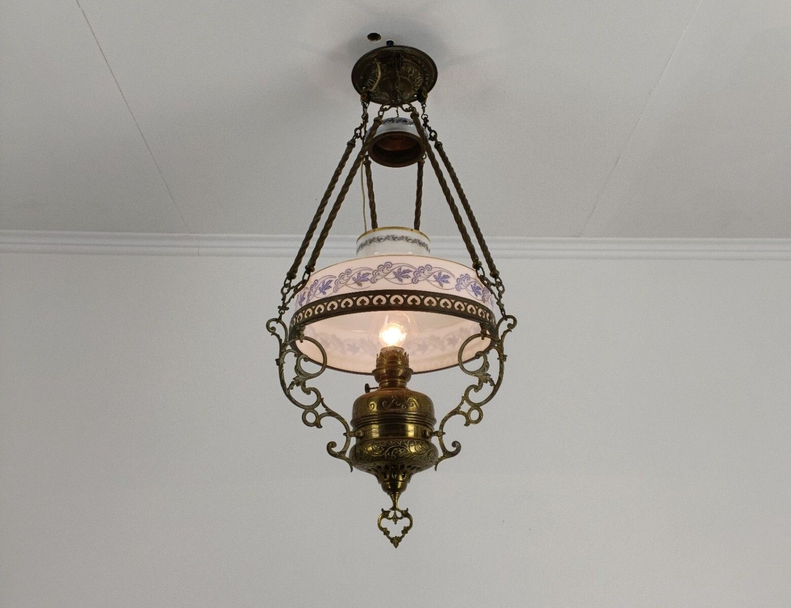 Lampe Belge Antique Chandelier Opaline Glass Shade Ornate Brass  1 Light Art Dec photo furniture