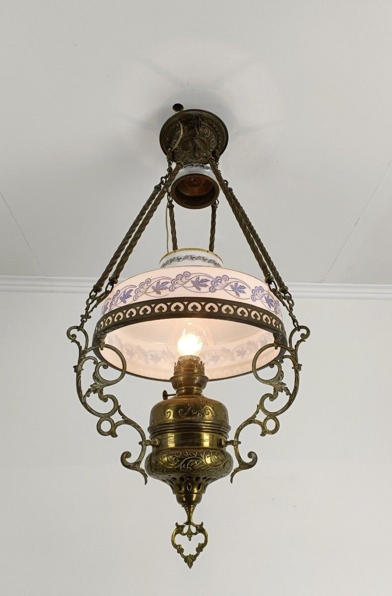 Lampe Belge Antique Chandelier Opaline Glass Shade Ornate Brass  1 Light Art Dec photo for sale
