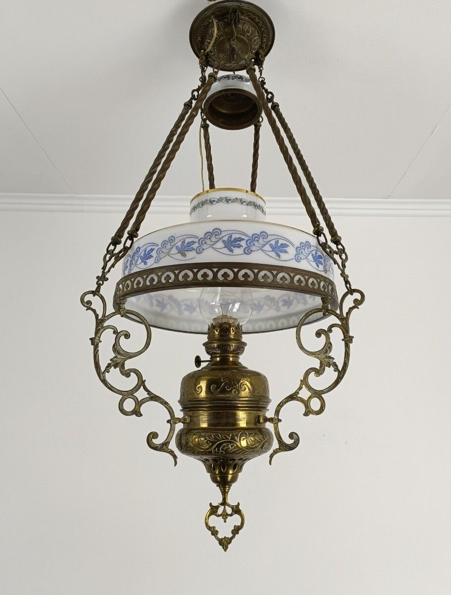 Lampe Belge Antique Chandelier Opaline Glass Shade Ornate Brass  1 Light Art Dec photo Lighting