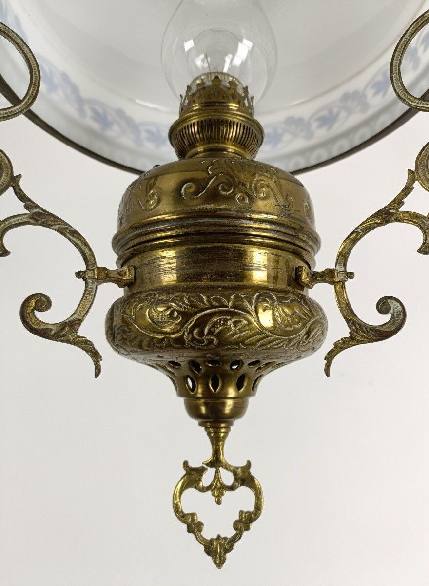 Lampe Belge Antique Chandelier Opaline Glass Shade Ornate Brass  1 Light Art Dec photo vintage