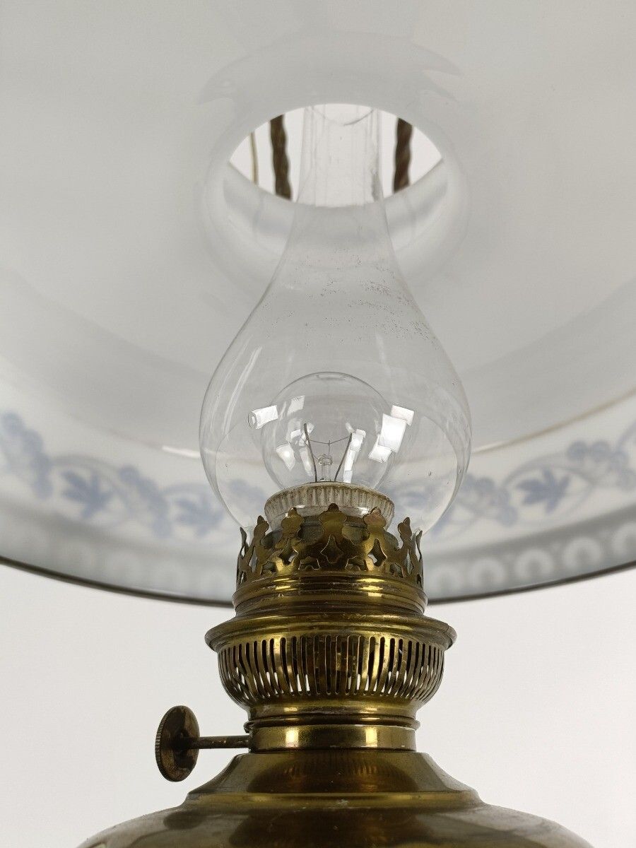 photo furniture Lampe Belge Antique Chandelier Opaline Glass Shade Ornate Brass  1 Light Art Dec
