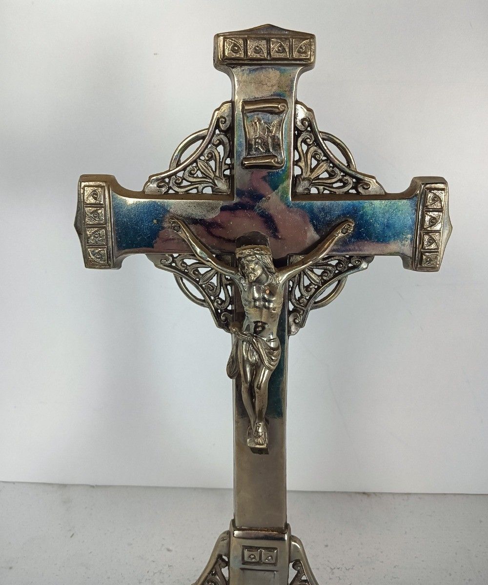 Vintage Standing Table Crucifix Cross Spelter Faux Brass Crucifixion Jmpc Belgiu photo 110.0