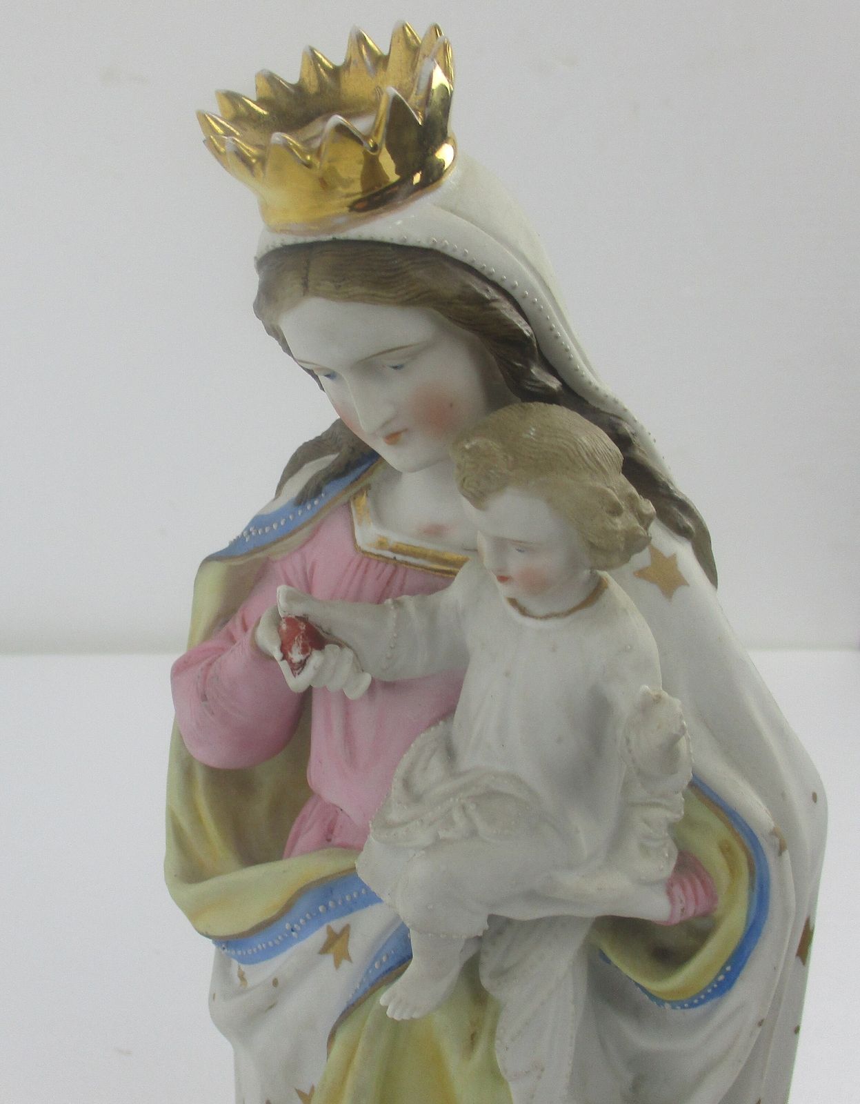 Antique Porcelain Bisque Statue Virgin Mary Our Lady Madonna Infant Holy Heart E photo vinterior