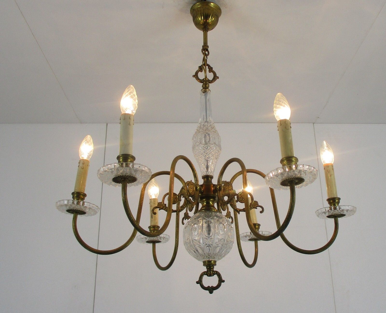 Flemish Dutch Chandelier 6 Arm Lights Brass Glass Ball Bobeches Country Style photo for sale