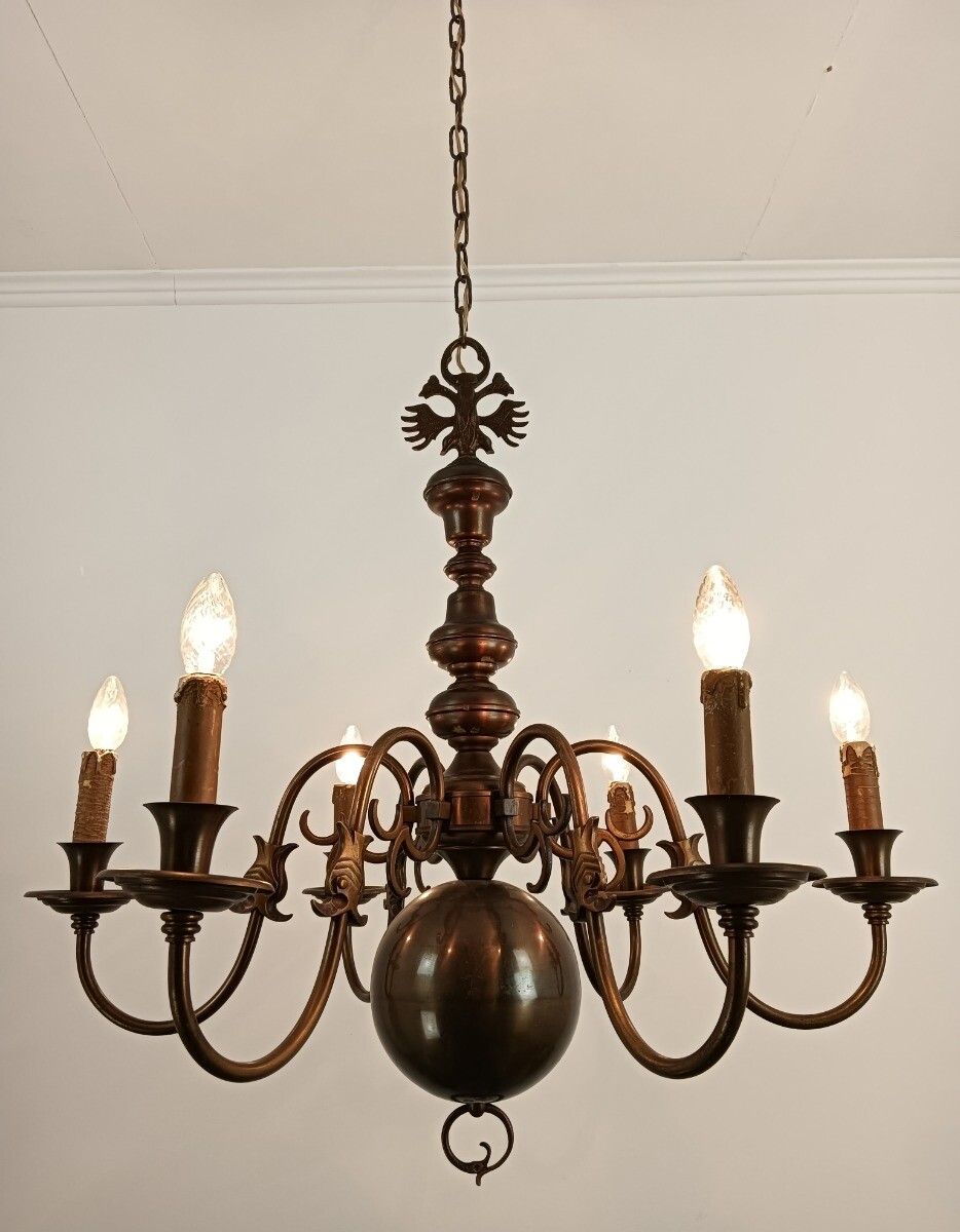 photo for sale Vintage Dutch Flemish Chandelier Brass Eagles Fish 6 Lights  Farmhouse Style