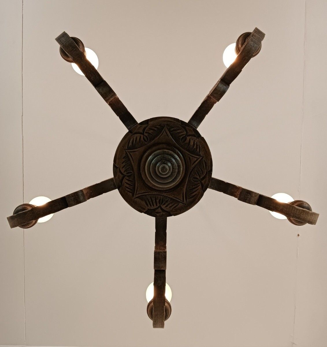 Farmhouse Style Chandelier Carved Wood Wooden Ornate Vintage 5 Lights Barn Style photo vinterior