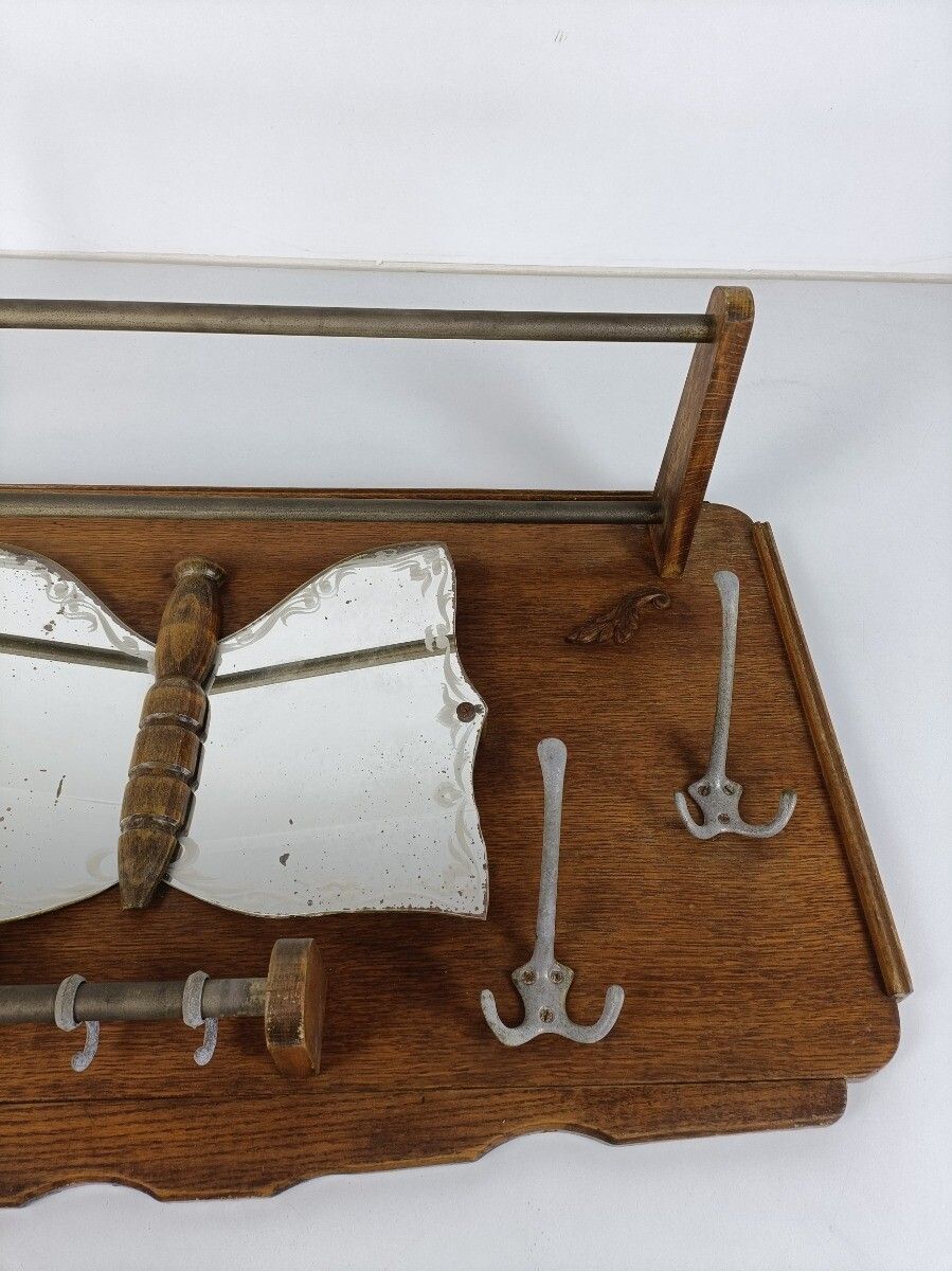 photo furniture Carved Wood Coat Hat Rack Butterfly  Glass Mirror Art Deco  Antique Lovely