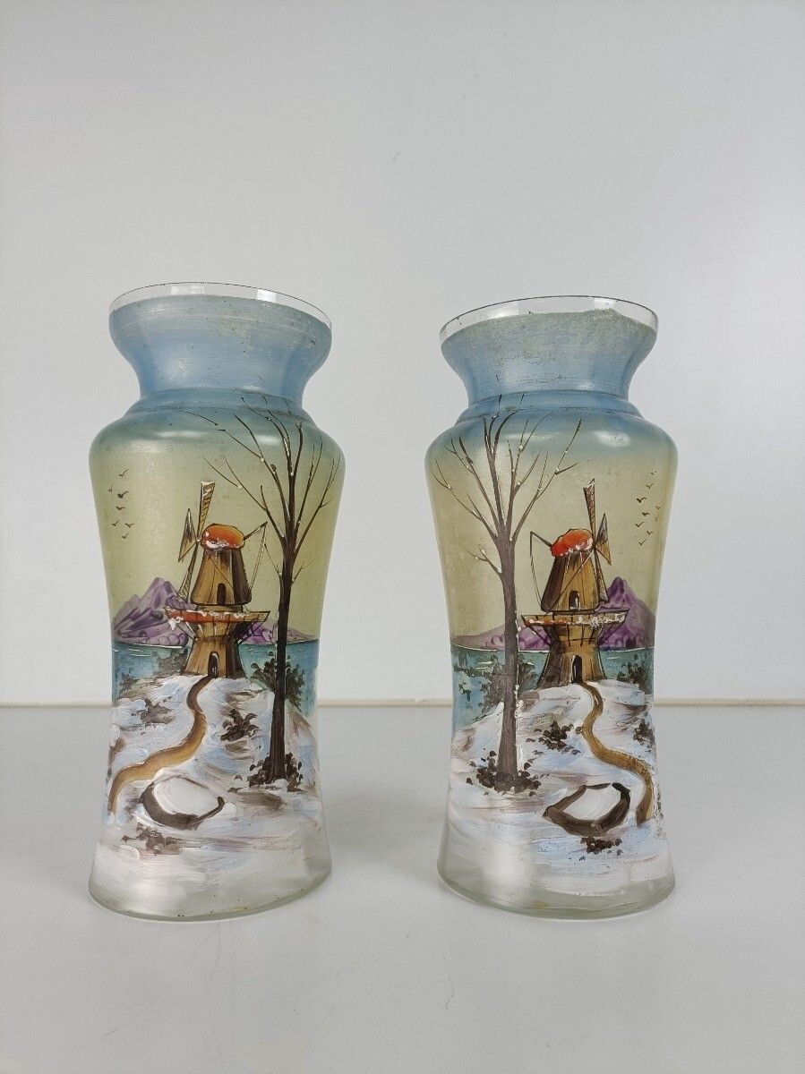 Art Deco Antique Hand Painted French Couple Of Vases Glass photo furniture