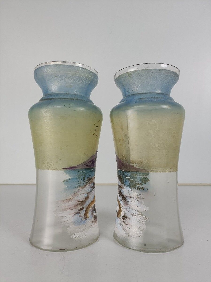 Art Deco Antique Hand Painted French Couple Of Vases Glass photo vinterior