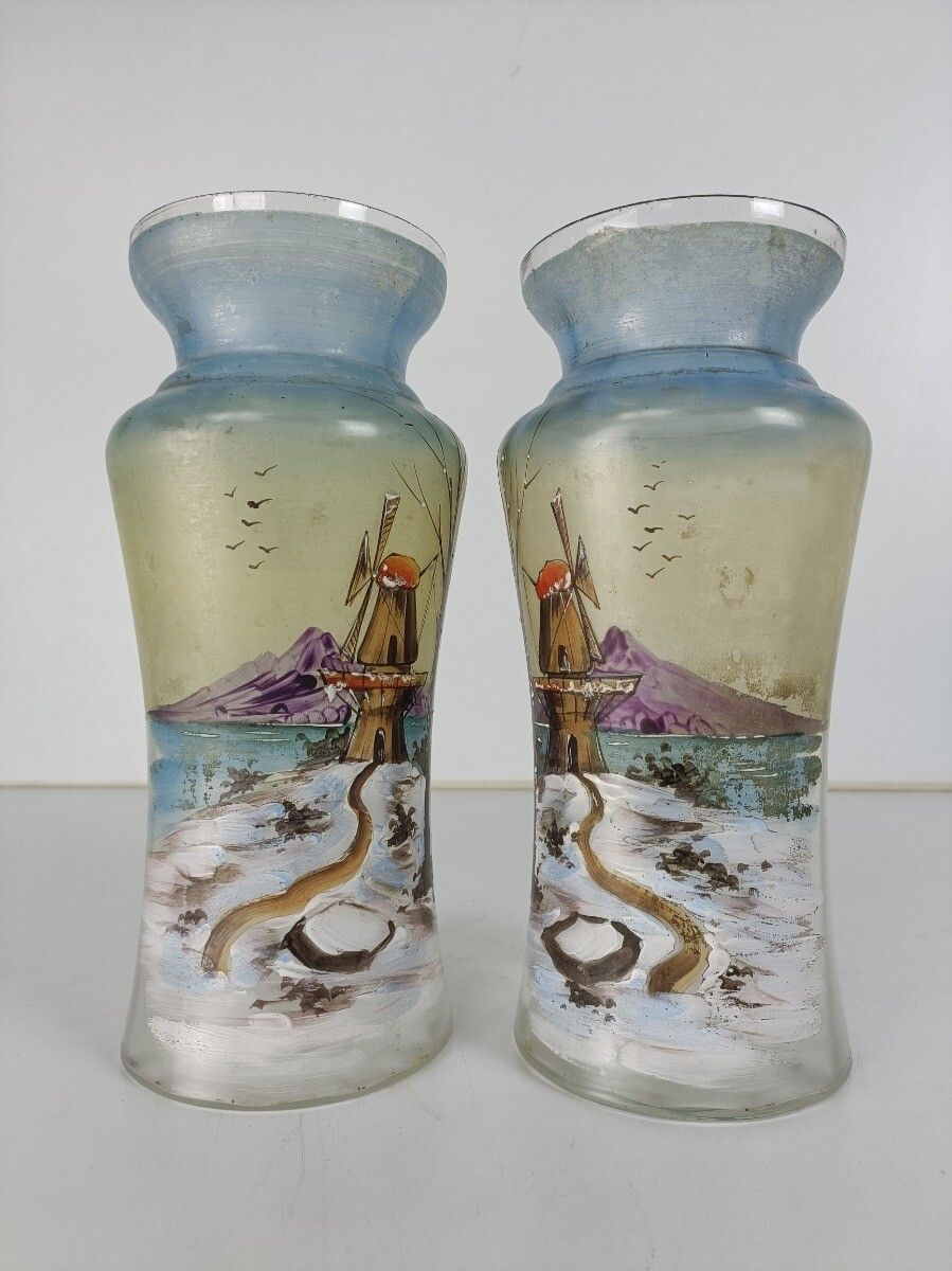 Art Deco Antique Hand Painted French Couple Of Vases Glass photo buy