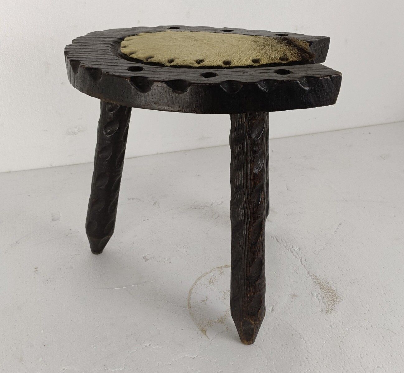 Spanish Milking Stool Table Pedestal Plant Bonsai Stand  Carved Wood Horseshoe photo for sale