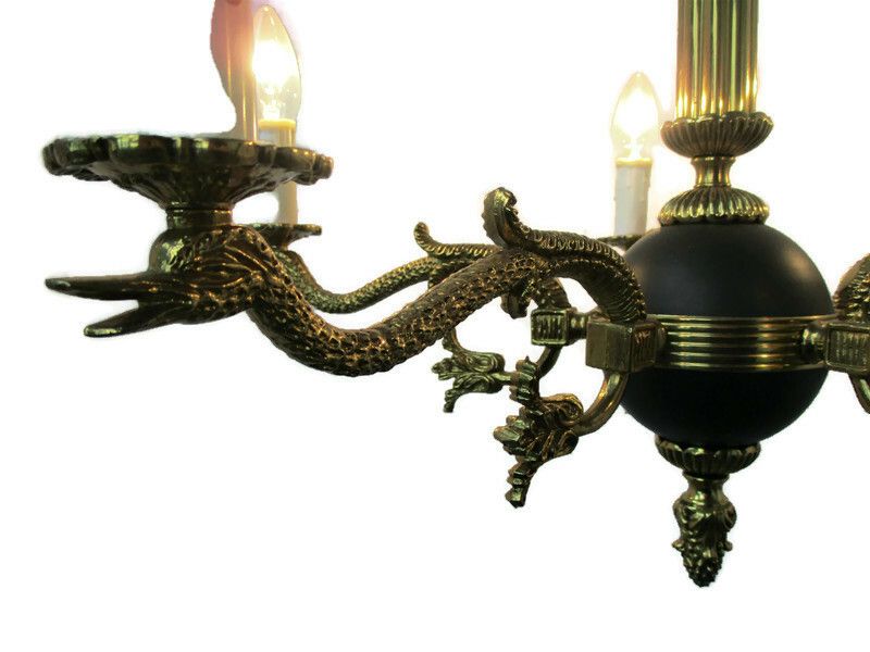 French Empire Pan Chandelier Green Tole Brass 5 Arms Hollywood Regency Ducks Htf