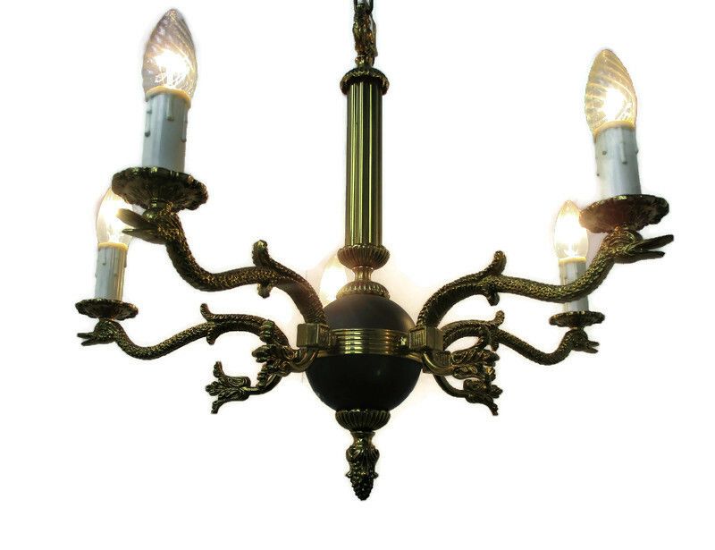French Empire Pan Chandelier Green Tole Brass 5 Arms Hollywood Regency Ducks Htf photo furniture