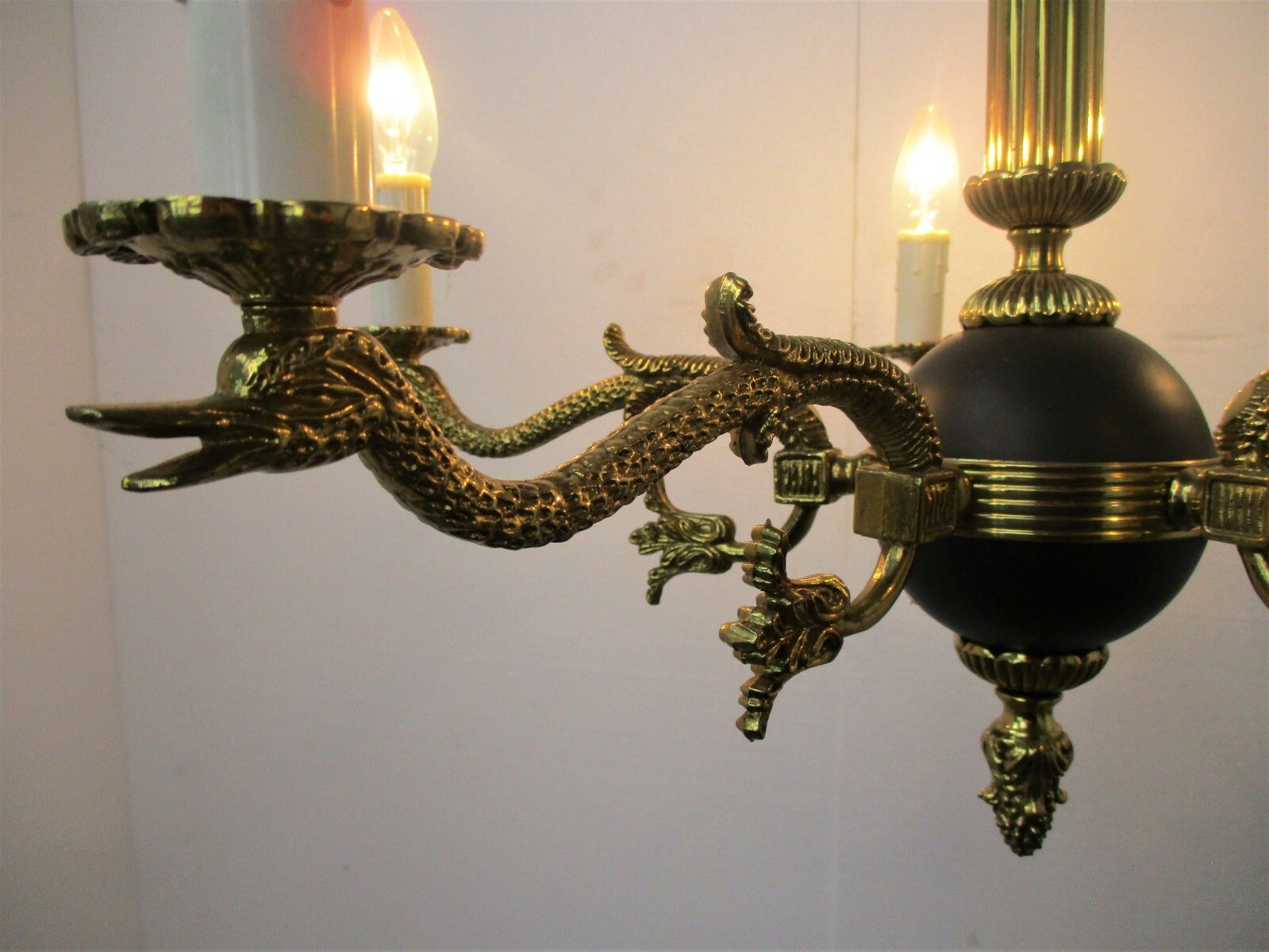 French Empire Pan Chandelier Green Tole Brass 5 Arms Hollywood Regency Ducks Htf photo Lighting