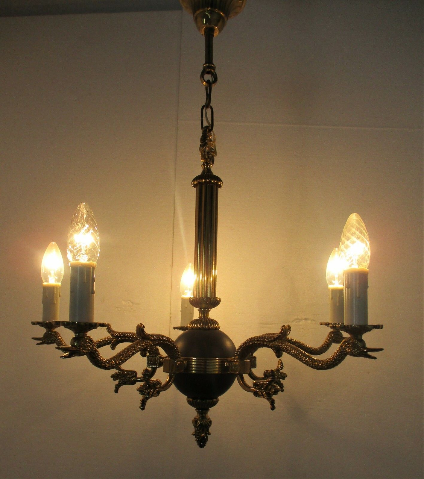 French Empire Pan Chandelier Green Tole Brass 5 Arms Hollywood Regency Ducks Htf photo vintage