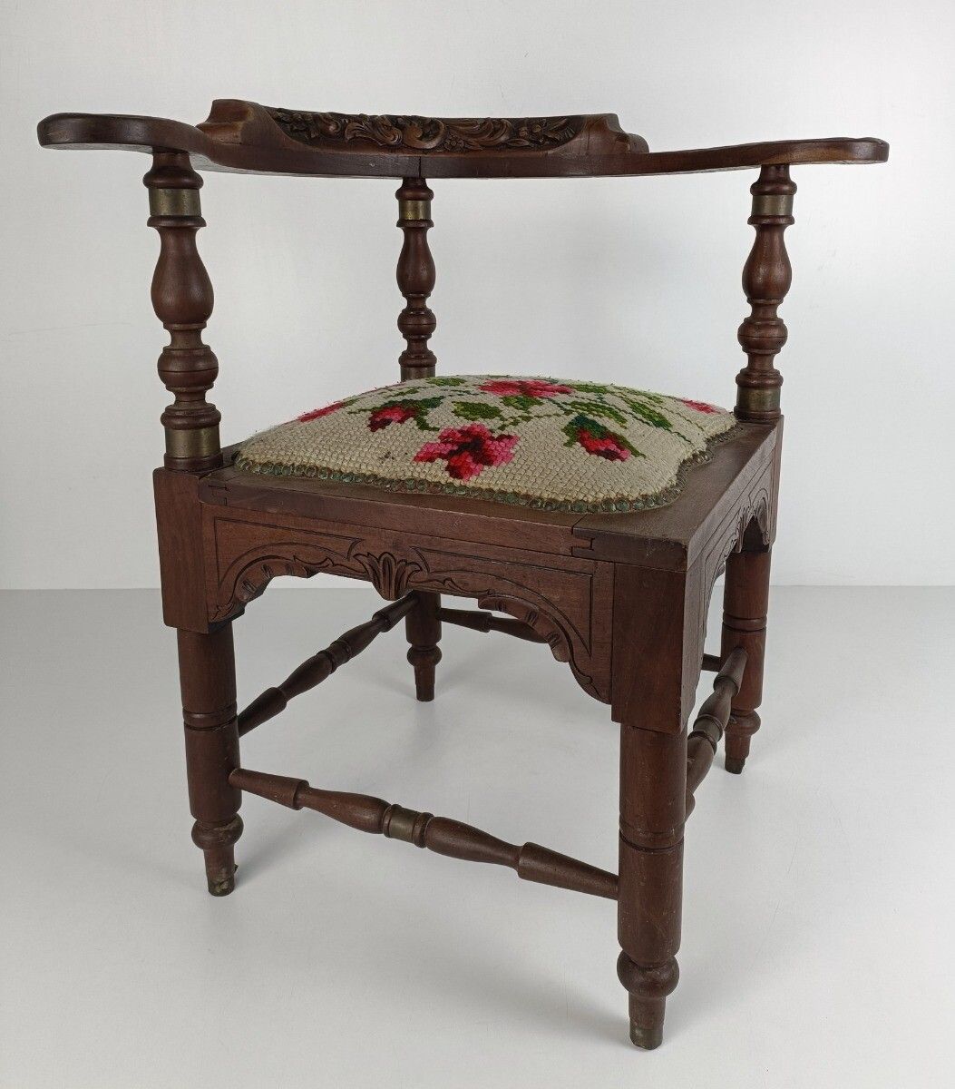 Vintage Hand Carved Wood Wooden Corner Chair Needlepoint Barn Style Farmhouse photo for sale