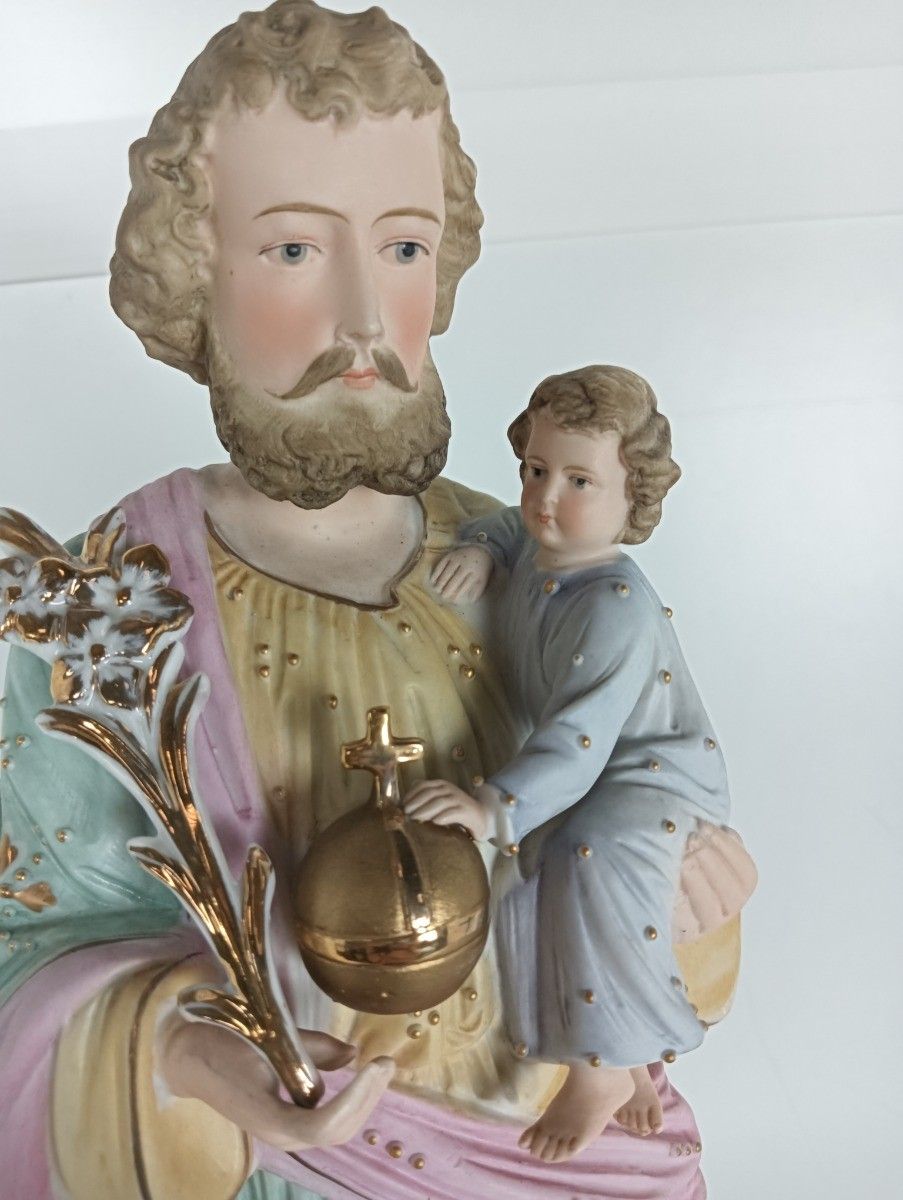 Antique Porcelain Bisque Statue Saint Joseph And Infant Jesus Protector Of Homes photo Art