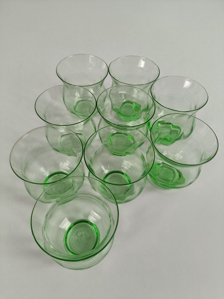Set Of 9 Antique Green Glass Art Deco Drinking Tumbler Glasses photo 116.0