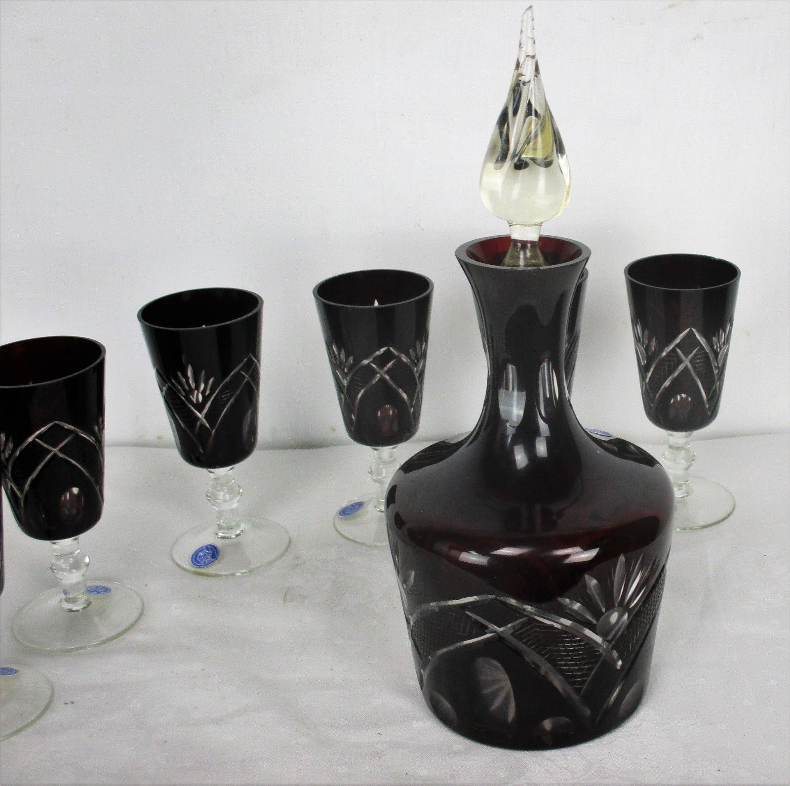 Crystal Decanter Set With 6 Shot Glasses Amethyst Cut To Clear Buzau Perla Lux photo for sale