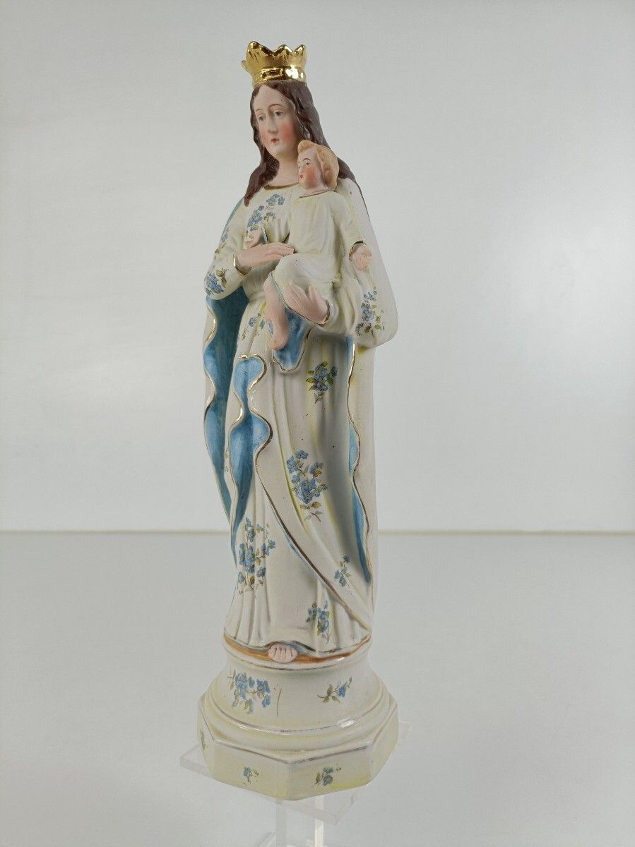 photo for sale Bisque Porcelain Antique Statue Virgin Mary Madonna With Infant Child Pastel Blu